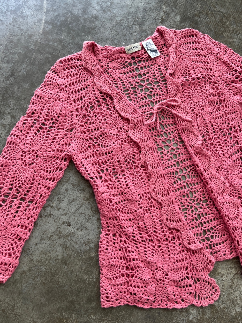 White Stag Pink Crochet Cardigan Tie Front Open Knit Cottage Fairy Women's Large